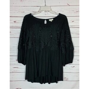 Deletta Anthropologie Women's S Small Black Sheer Lace Puff Sleeve Top Blouse